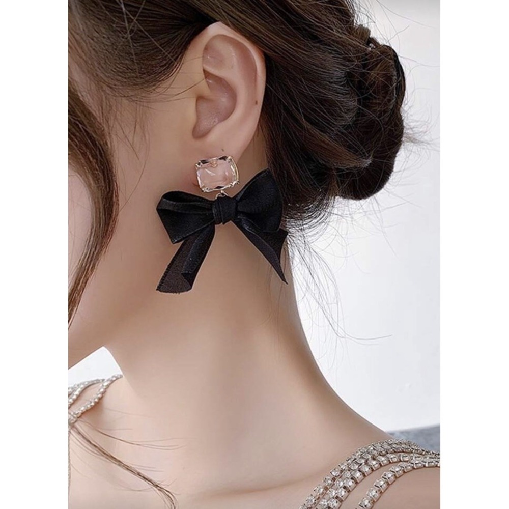 Black Bow Statement Dangle Earrings Faux Crystal Fine Jewelry Fashion Accesories